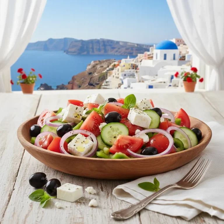 Greek salad recipe with fresh cucumbers, tomatoes, feta cheese, and Kalamata olives.